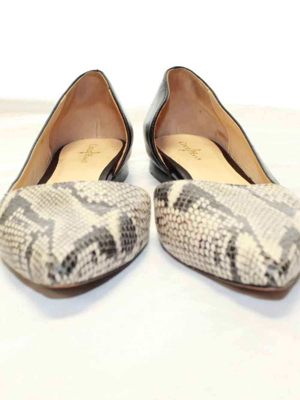 Cole Haan SZ 8.5 B Black Leather Snakeskin Print Pointy Toe Amalia D'orsay Flats